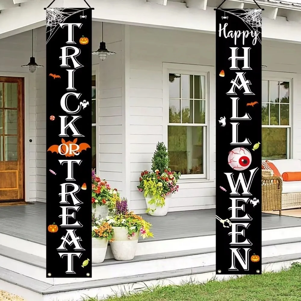 2PCS Trick or Treat Halloween Door Banners Porch Hanging Decoration Spooky